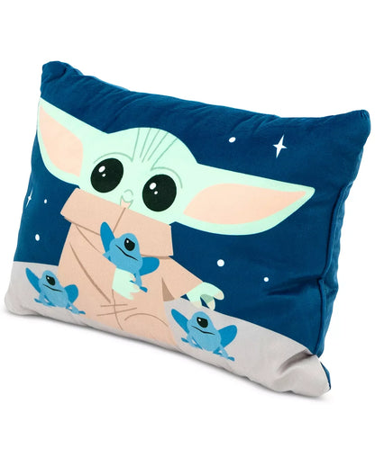Grogu decorative pillow with Baby Yoda on deep blue space backdrop and small frogs on Tampa Home & Garden Store
