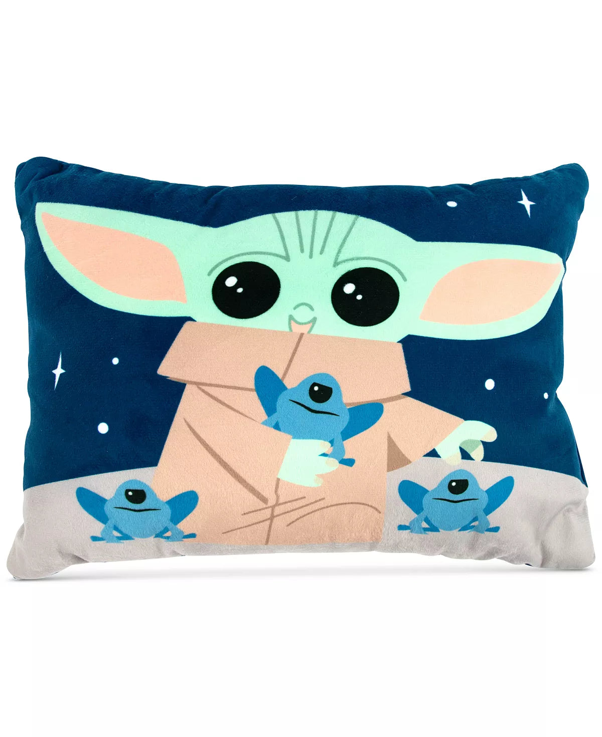 Disney Star Wars Hello Grogu decorative pillow with Grogu in a box and blue frogs on navy on Tampa Home & Garden Store