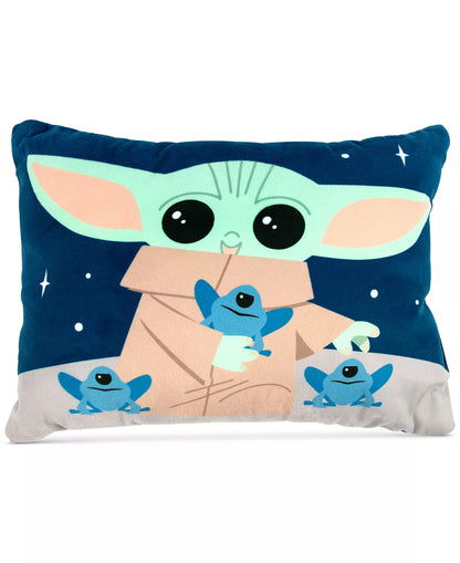 Disney Star Wars Hello Grogu decorative pillow with Grogu in a box and blue frogs on navy on Tampa Home & Garden Store