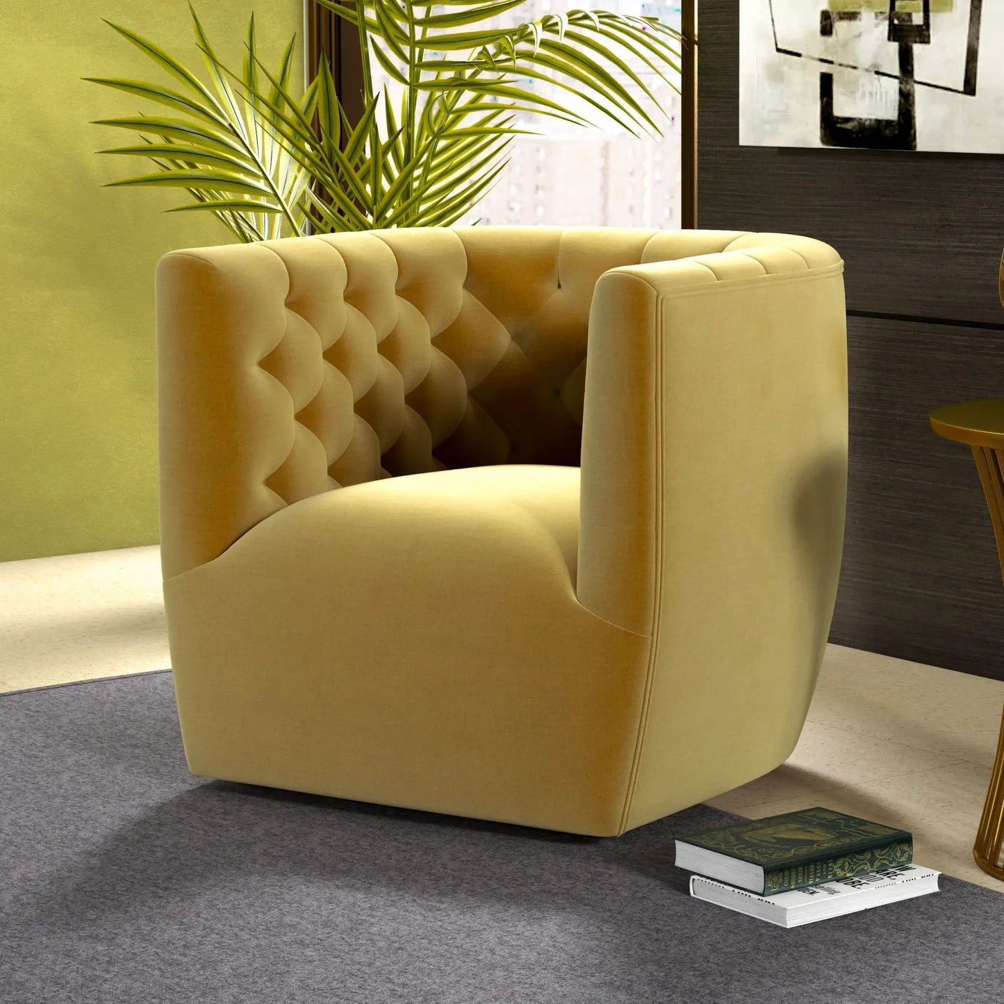 Delaney ergonomic swivel chair with tufted beige-yellow upholstery and rounded arms on Tampa Home & Garden Store