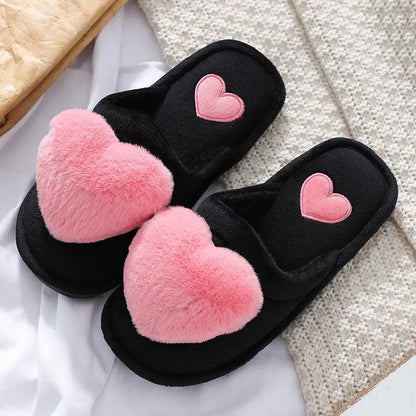Cute Love Slipper black fluffy home slippers with pink heart accents pair by FLIPSTYLEZLLC on Tampa Home & Garden Store