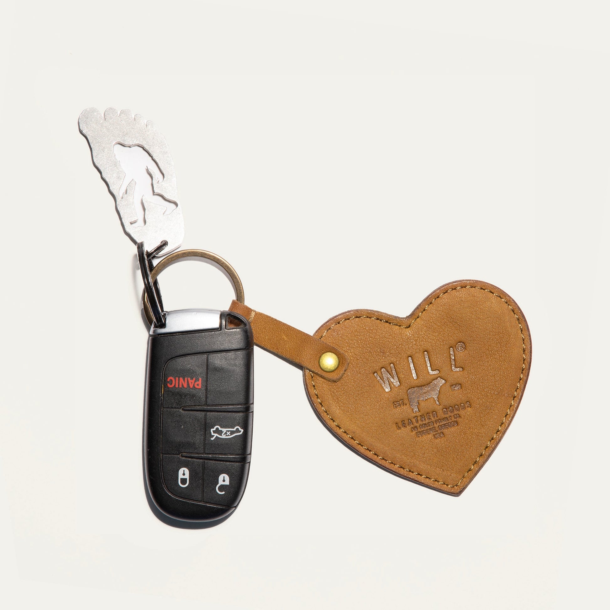 Heart keychain Will Leather Goods tan leather heart attached to car key fob on Tampa Home & Garden Store