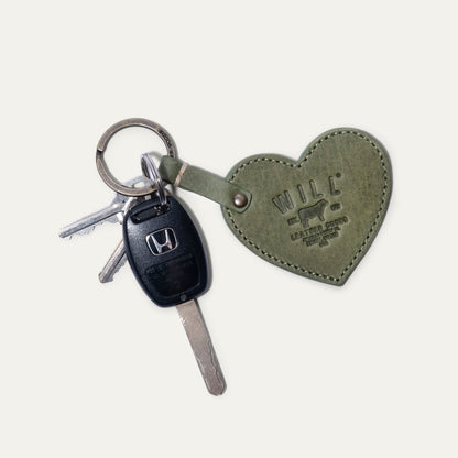Heart-shaped olive green leather keychain by Will Leather Goods on Tampa Home & Garden Store
