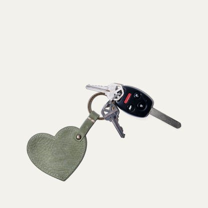 Heart keychain in green leather with stitched edge, metal ring and car key fob on Tampa Home & Garden Store