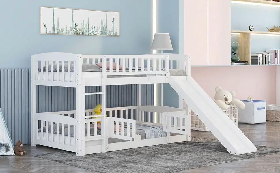 Low Bunk Bed With Slide Fence and Ladder