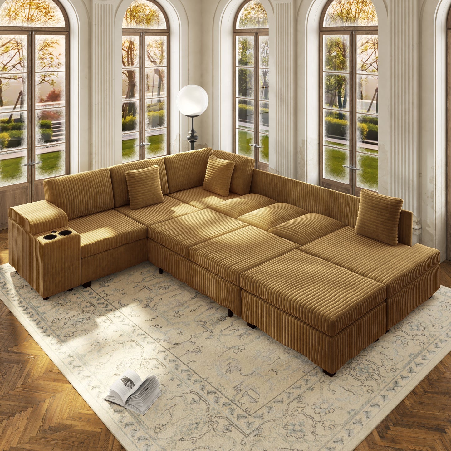 Luxury Camel L Shaped Sofa And Ottoman Set