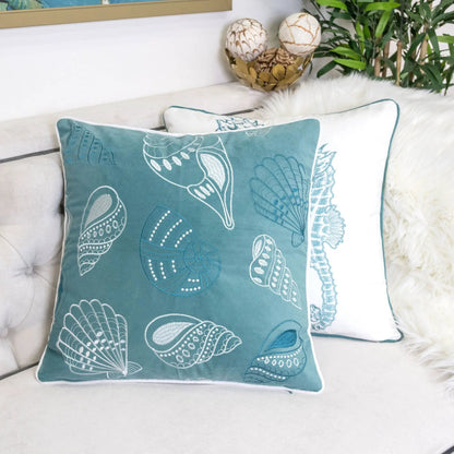 Seashells pillow cover teal with shell embroidery, accent pillow Unique Piece Furniture on Tampa Home & Garden Store