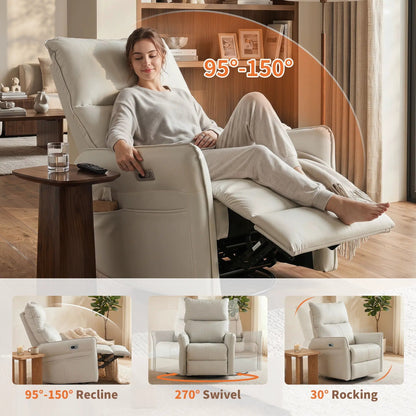 Swivel rocker recliner chair by Unique Piece Furniture in light beige upholstery with USB ports on Tampa Home & Garden Store