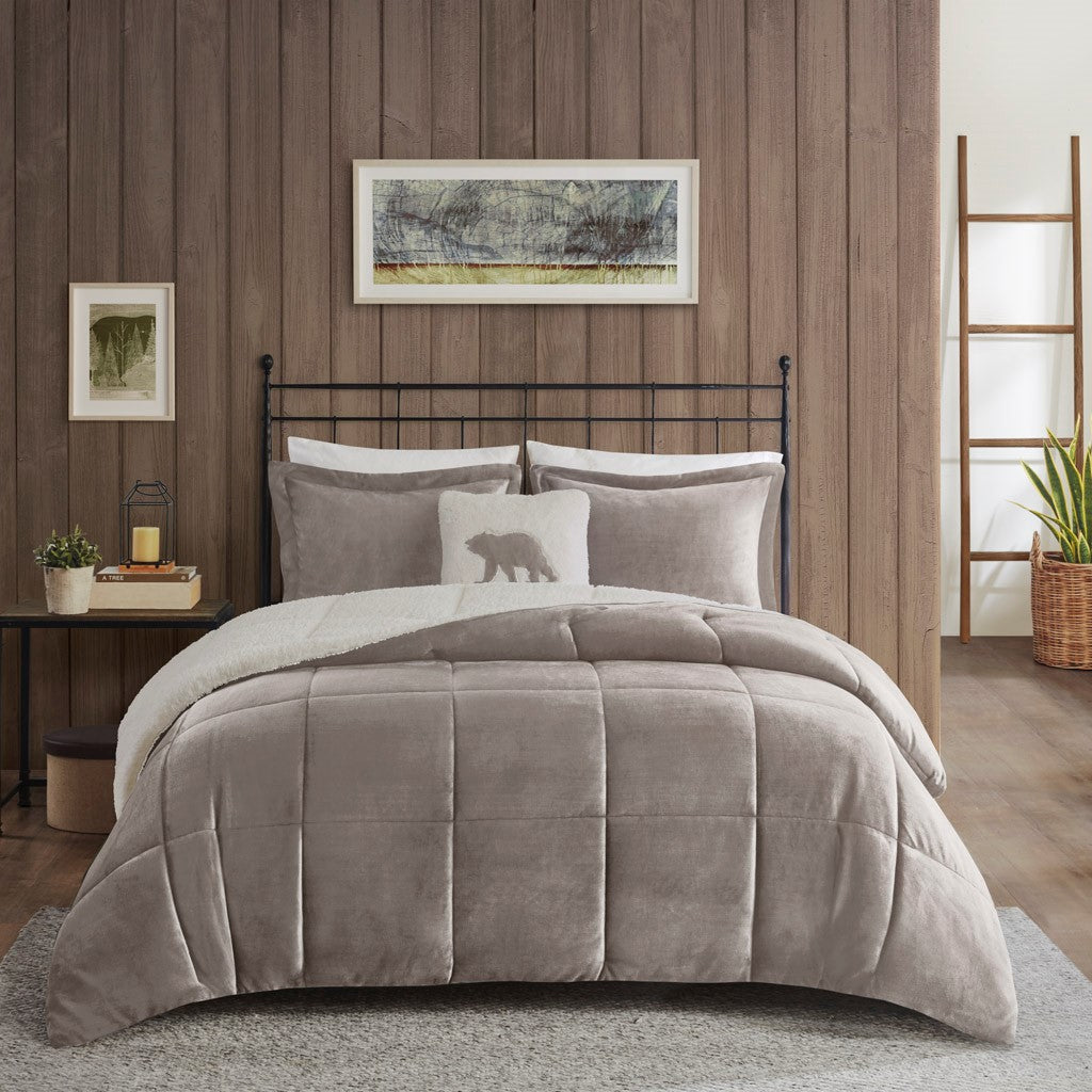 Full/Queen HouseOfZazla Plush to Sherpa Down Alternative Comforter Set in taupe quilted on Tampa Home & Garden Store