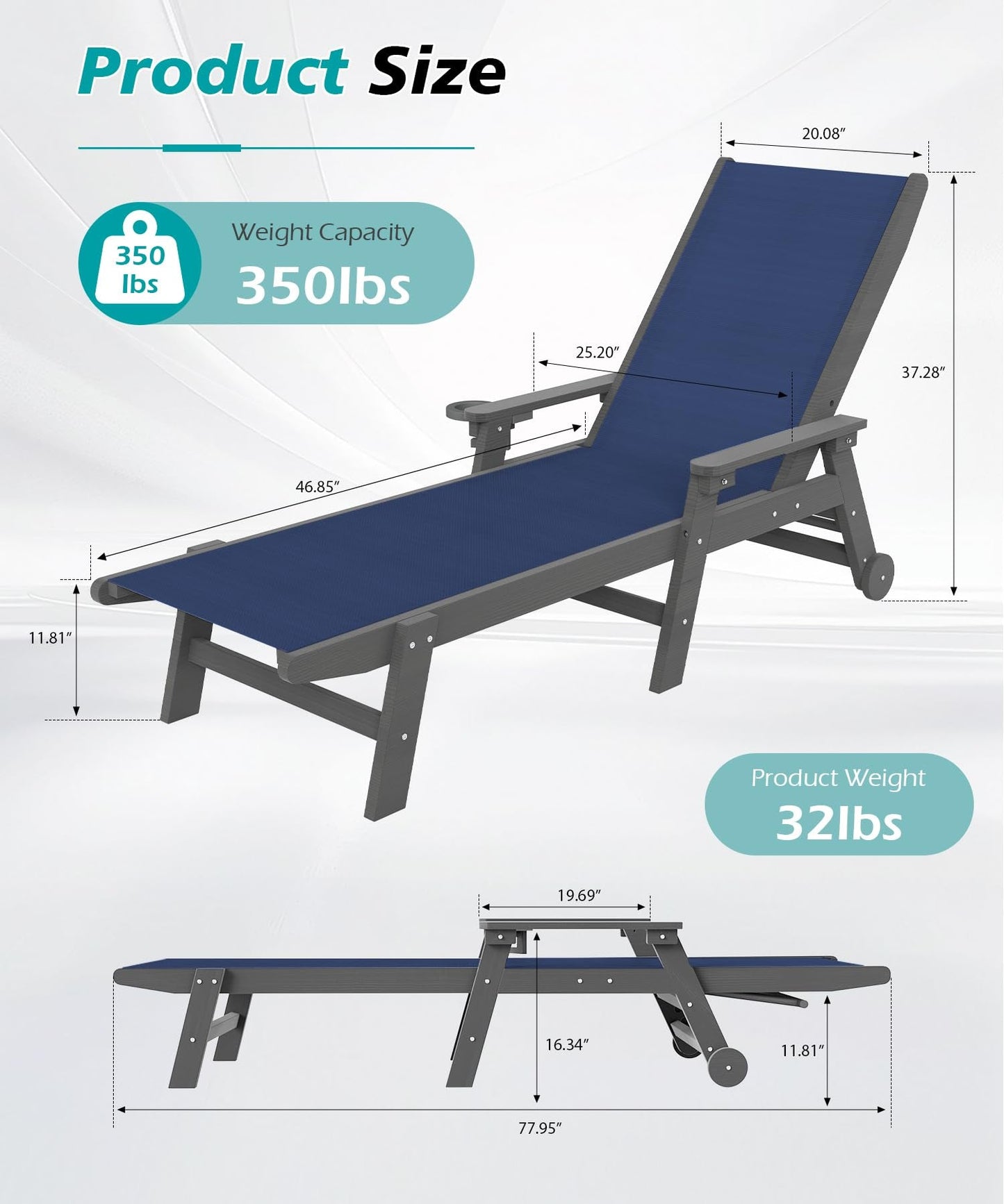 Outdoor HDPE Reclining Chaise Lounge with Wheels