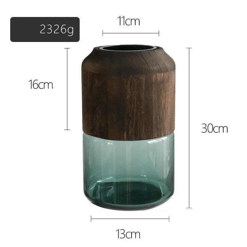 Log Solid Wood Transparent Glass Vase brown wood top teal glass base by FLIPSTYLEZLLC, 30cm tall on Tampa Home & Garden Store