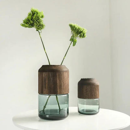 Log Solid Wood Transparent Glass Vase pair with dark wood sections and teal glass bases on Tampa Home & Garden Store