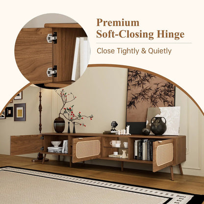 Walnut 78-inch TV stand with open shelves and cane cabinet doors by Unique Piece Furniture on Tampa Home & Garden Store