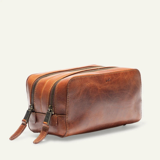 William Collection Travel Kit in Italian Leather brown leather toiletry bag with dual zippers on Tampa Home & Garden Store