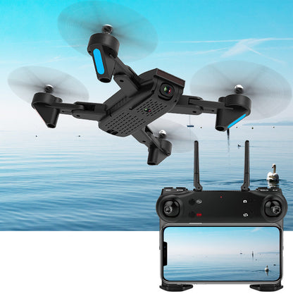 Quadrocopter with dual cameras, black drone with blue accents, remote and phone view on Tampa Home & Garden Store