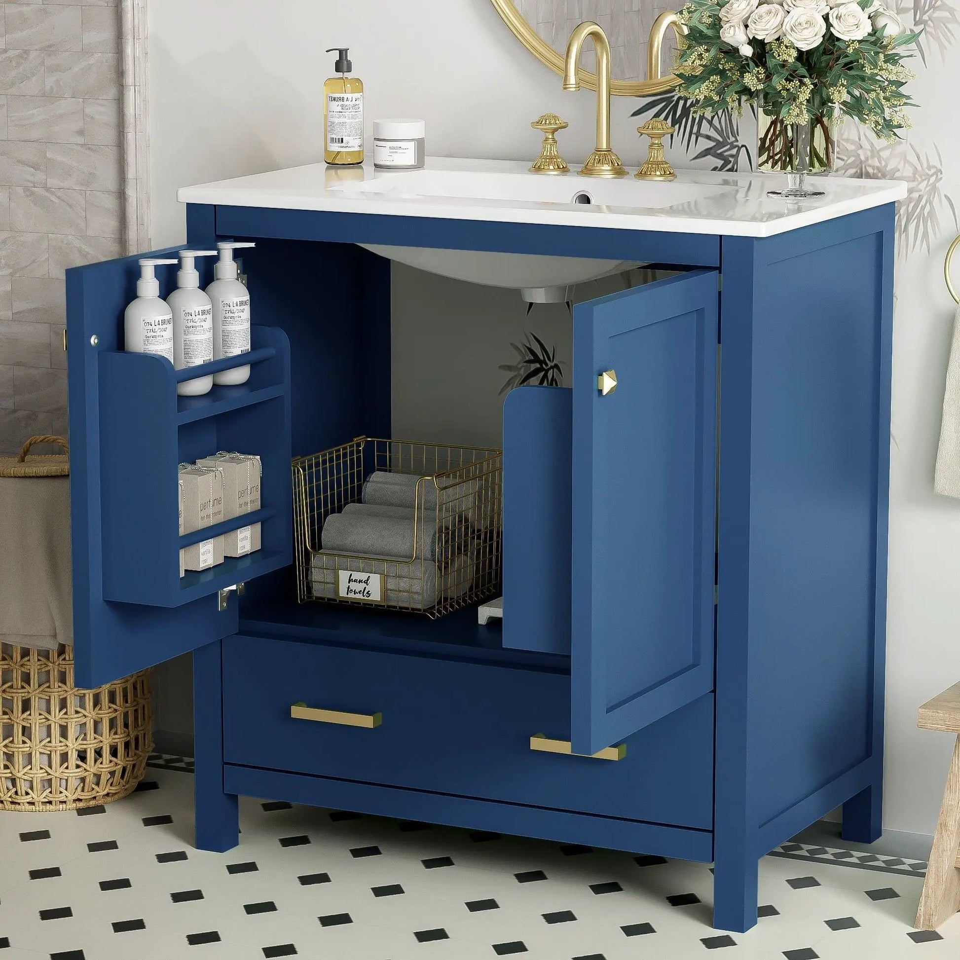 Blue bathroom vanity with undermount sink, two doors and a drawer, white top, gold hardware on Tampa Home & Garden Store