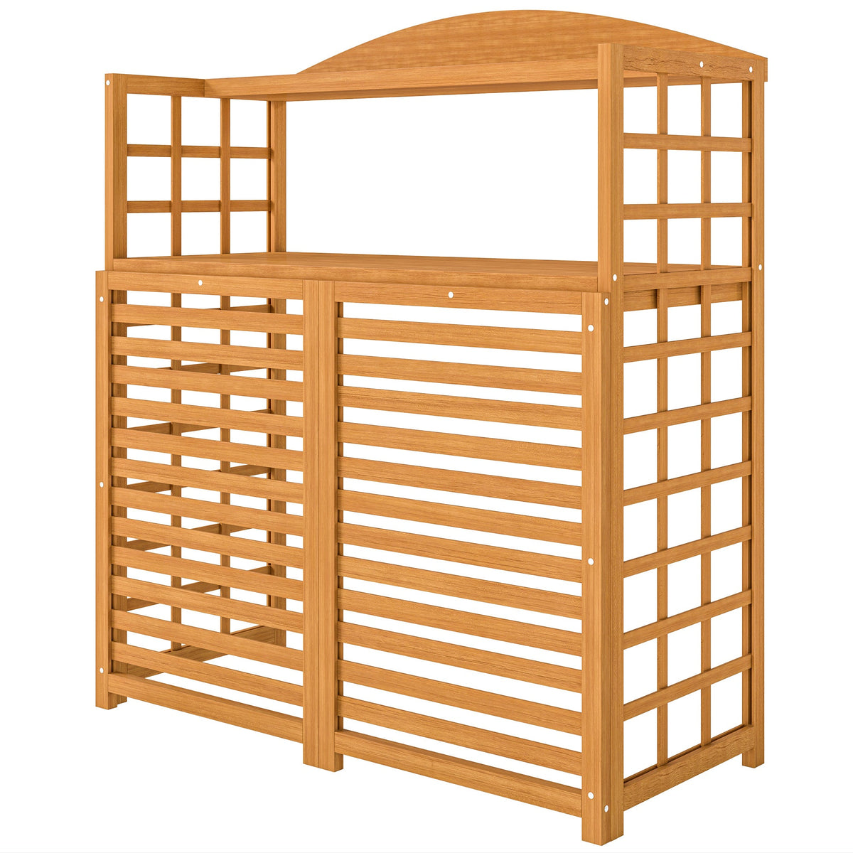 Wooden outdoor AC unit privacy screen with arched top and lattice panels on Tampa Home & Garden Store