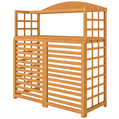 Wooden outdoor AC unit privacy screen with arched top and lattice panels on Tampa Home & Garden Store