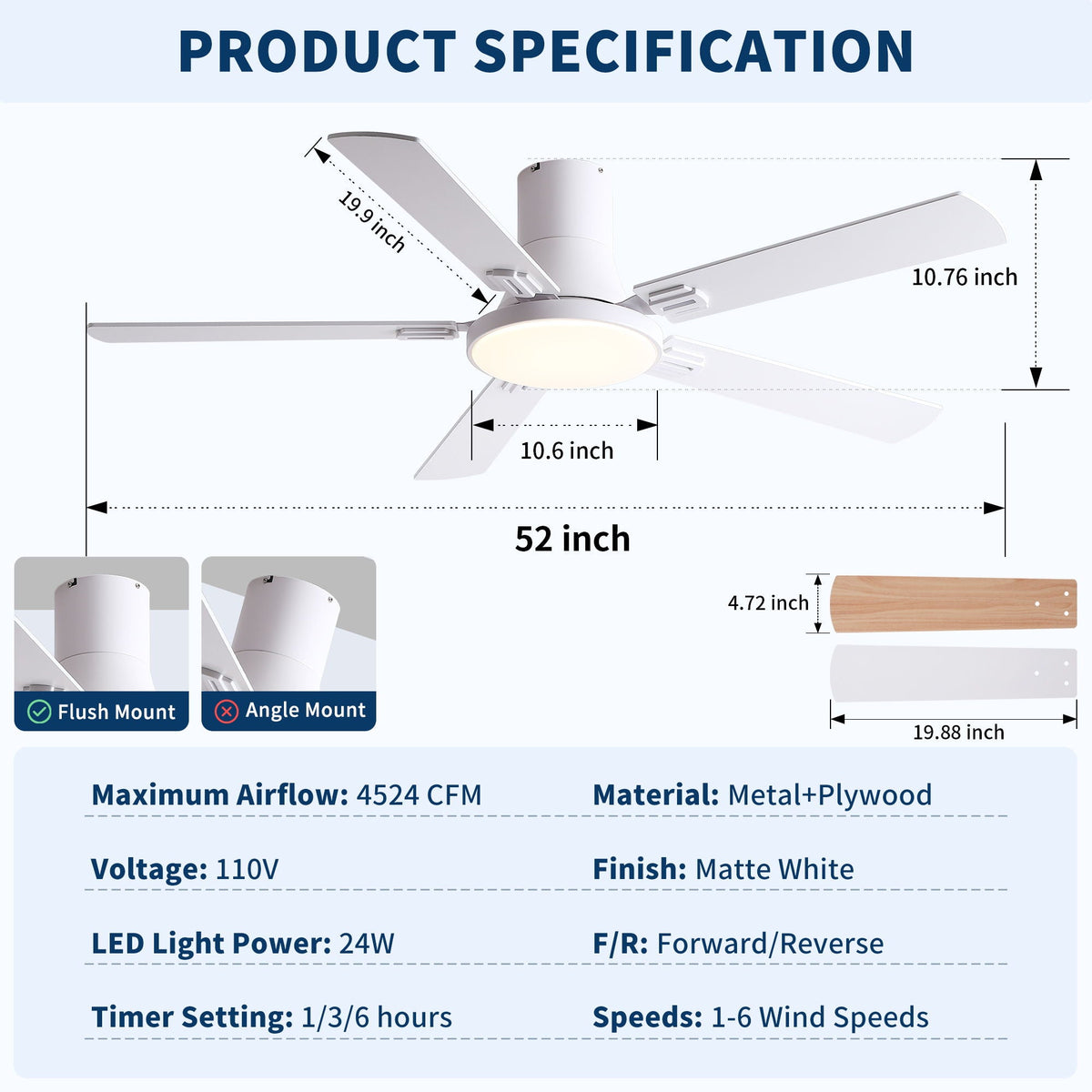 Flush Mount Ceiling Fan with LED light and remote, 52in blade, black white pearl silver finish on Tampa Home & Garden Store