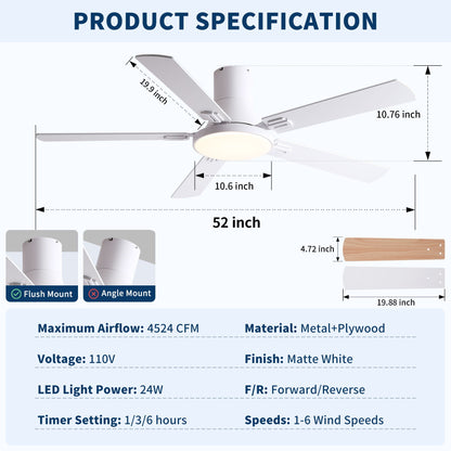 Flush Mount Ceiling Fan with LED light and remote, 52in blade, black white pearl silver finish on Tampa Home & Garden Store