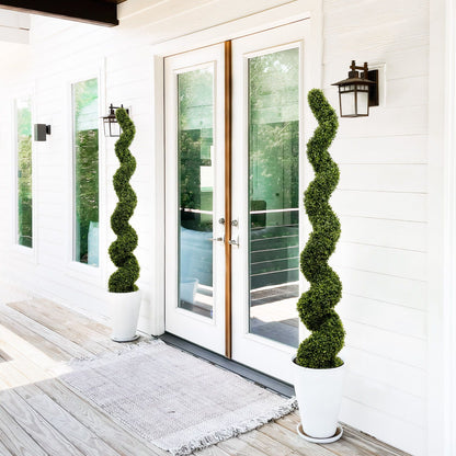 Artificial Boxwood Topiary Spiral Tree, UV resistant green, two in white pots on Tampa Home & Garden Store