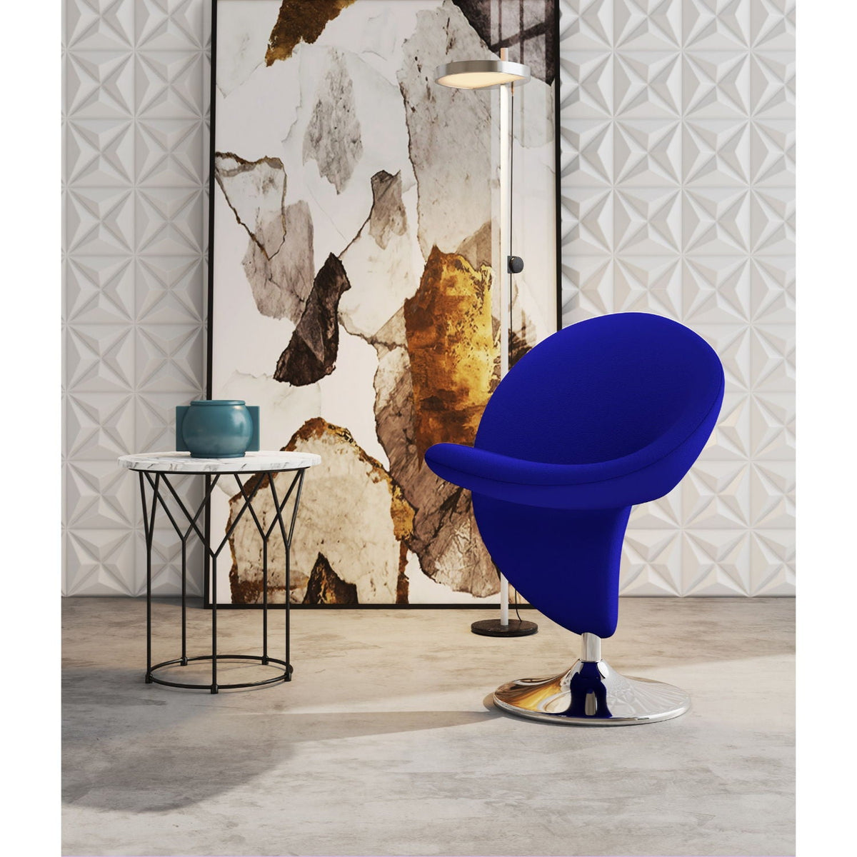 Swivel lounge chair blue wool-blend upholstery by HouseOfZazla with chrome pedestal base on Tampa Home & Garden Store