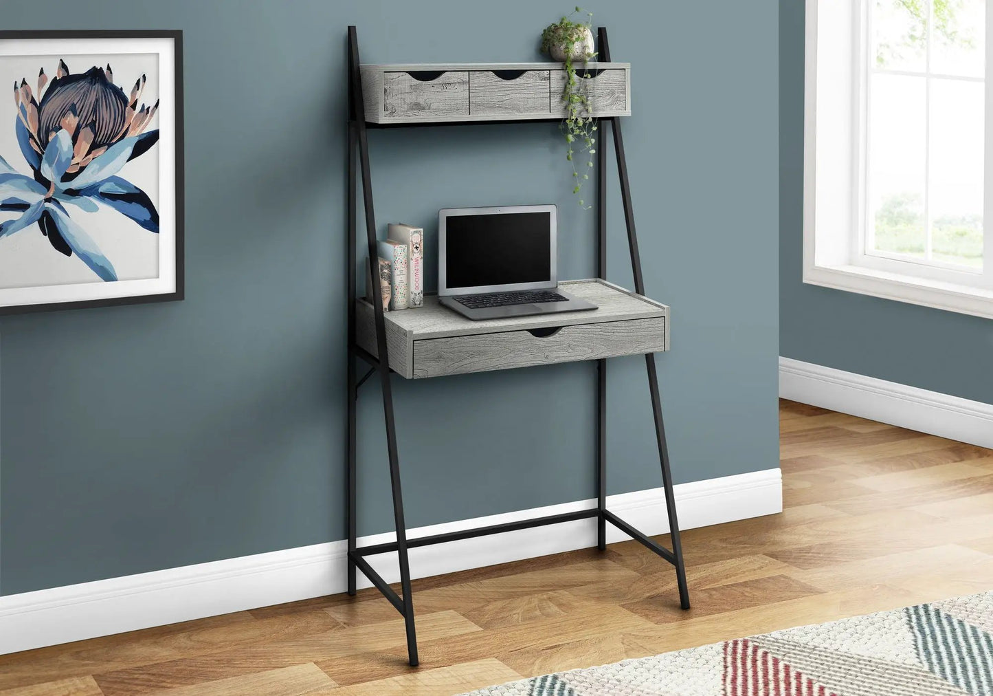 Computer Desk for Home Office with weathered gray drawers and black metal frame on Tampa Home & Garden Store