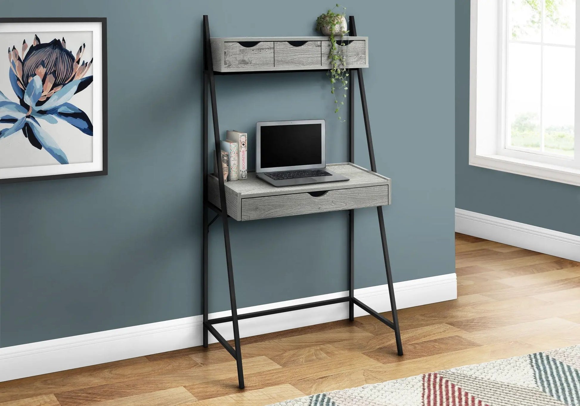 Computer Desk for Home Office with weathered gray drawers and black metal frame on Tampa Home & Garden Store