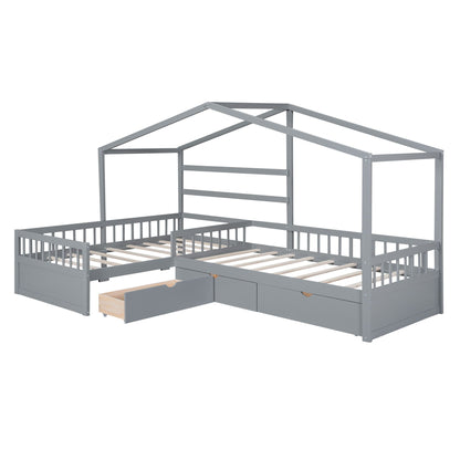 L Shape Platform Bed with 3 Storage Drawers gray metal frame HouseOfZazla on Tampa Home & Garden Store