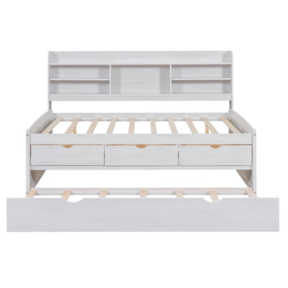 Captain bed with built-in bookshelves, white wood finish, three storage drawers and trundle on Tampa Home & Garden Store