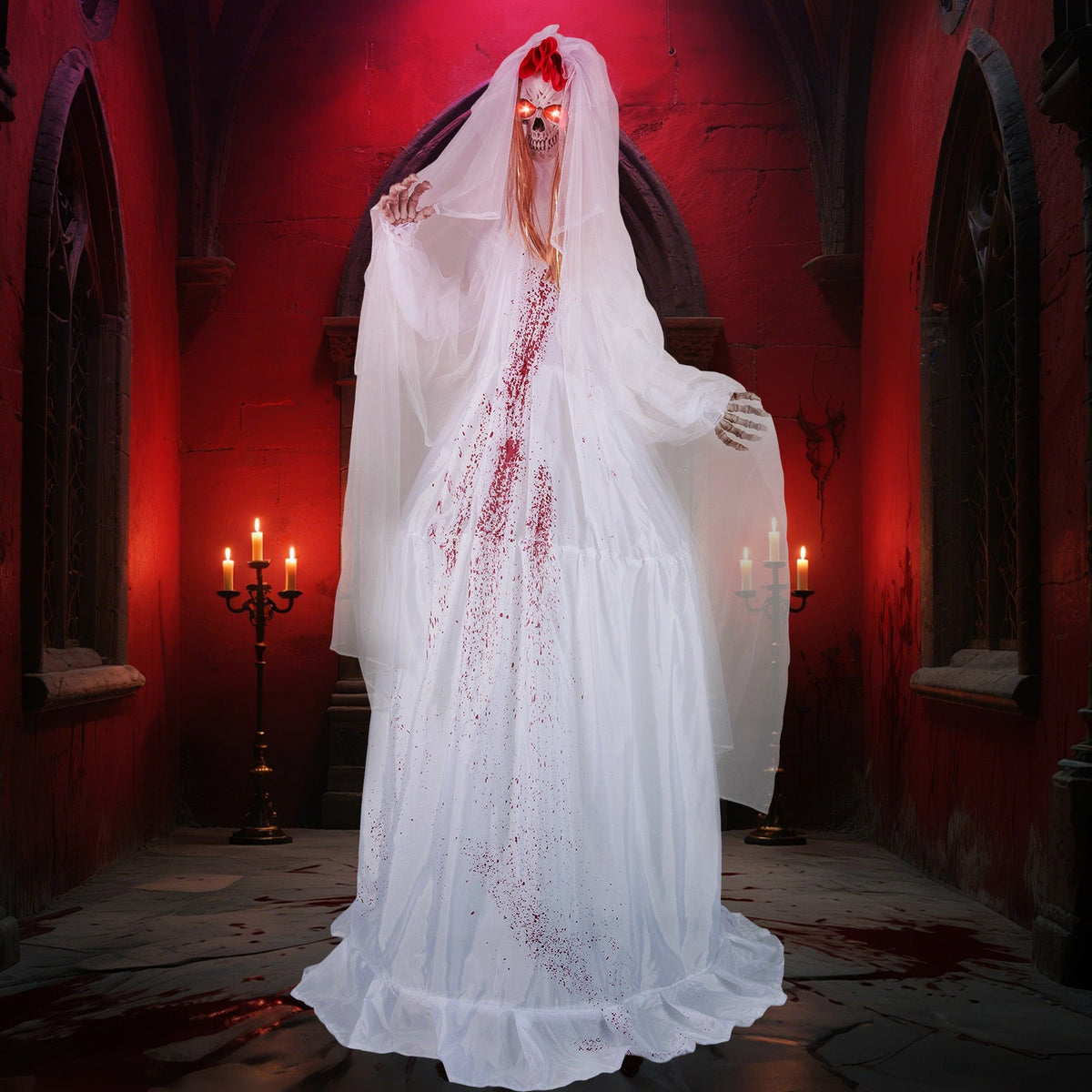 Halloween Animatronic Standing Bride 7.2 ft by DirectDeals, white veil gown, blood splatter on Tampa Home & Garden Store