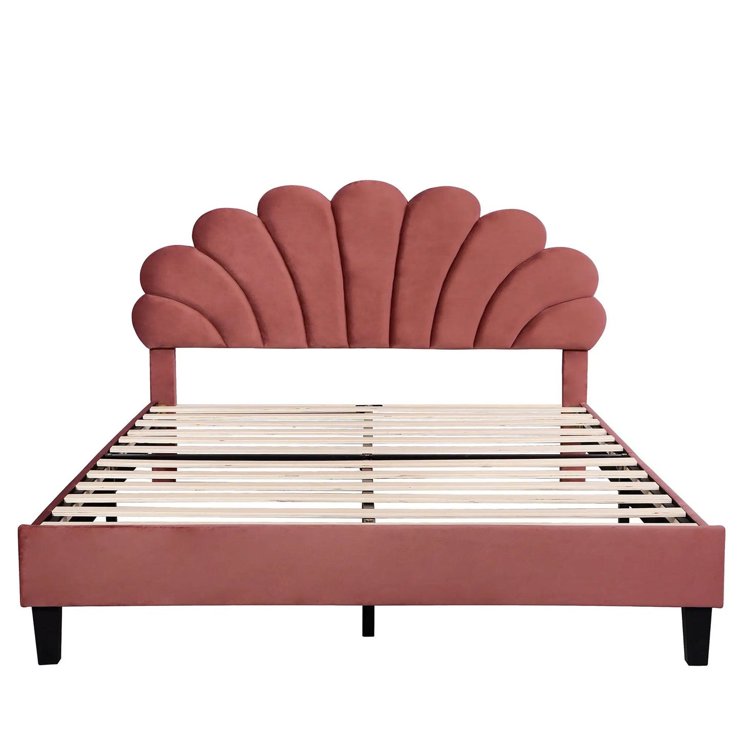 Upholstered platform bed with flower headboard in terracotta fabric by Unique Piece Furniture on Tampa Home & Garden Store