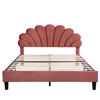Upholstered platform bed with flower headboard in terracotta fabric by Unique Piece Furniture on Tampa Home & Garden Store