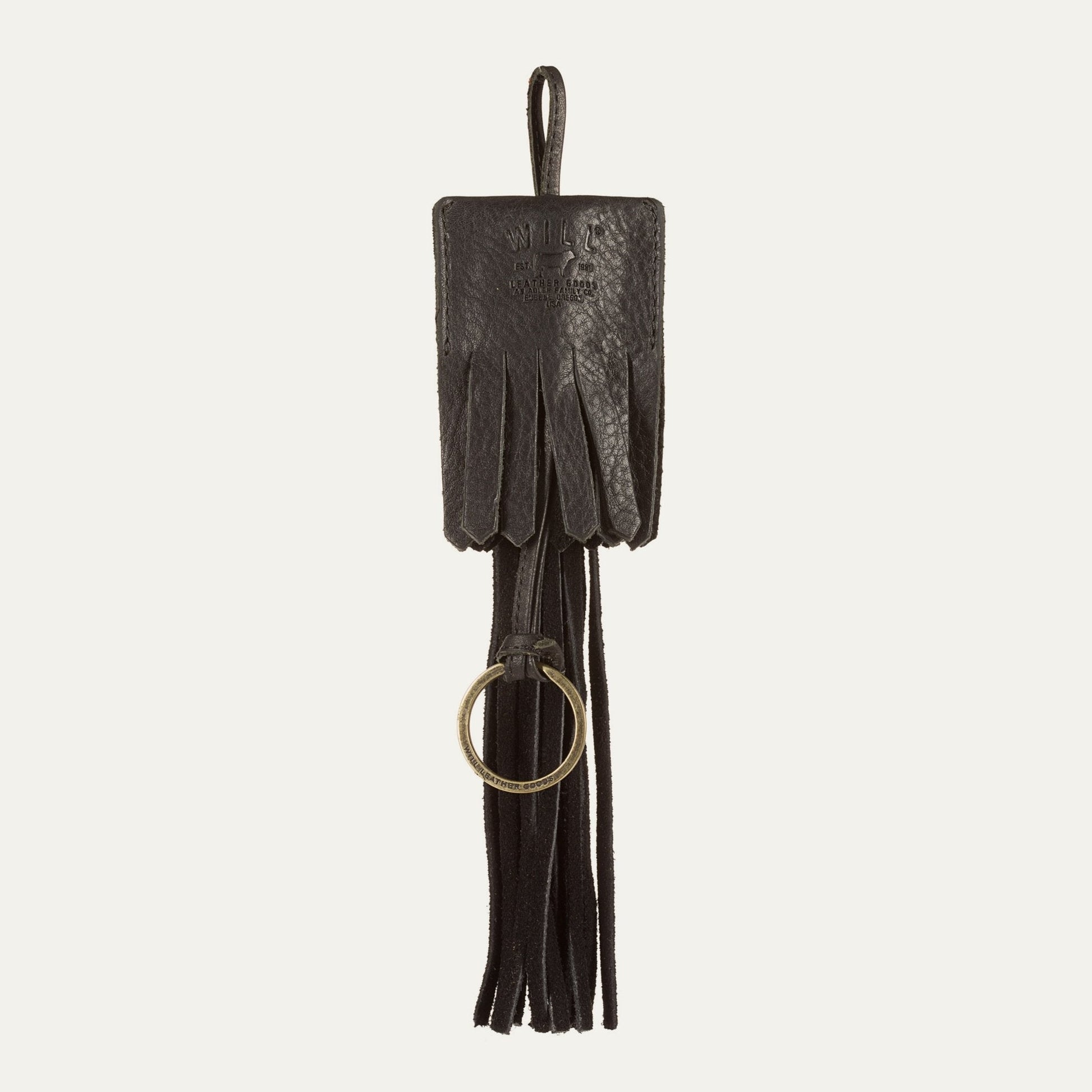 Leather key fob tassel by Will Leather Goods with dark brown fringe and brass ring on Tampa Home & Garden Store