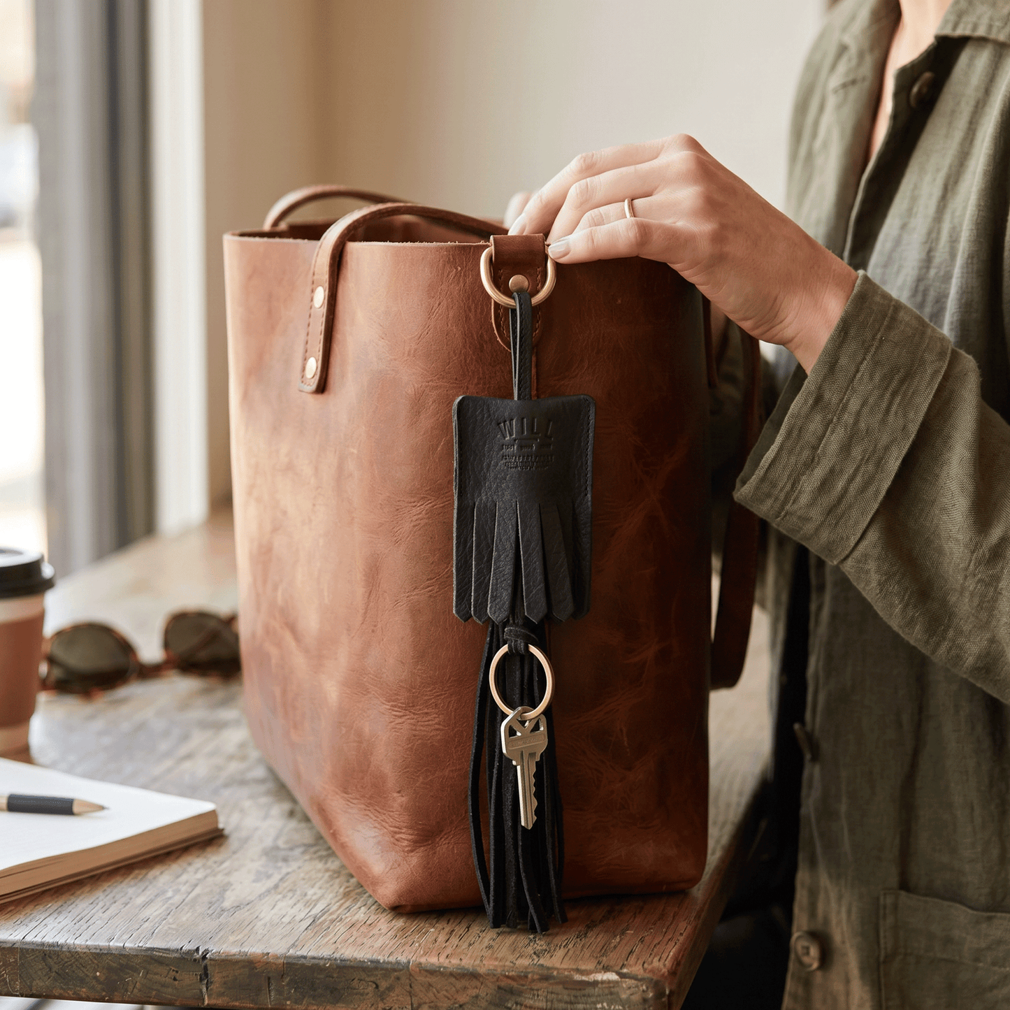 Leather key fob tassel by Will Leather Goods with black fringe and brass ring on a brown tote on Tampa Home & Garden Store