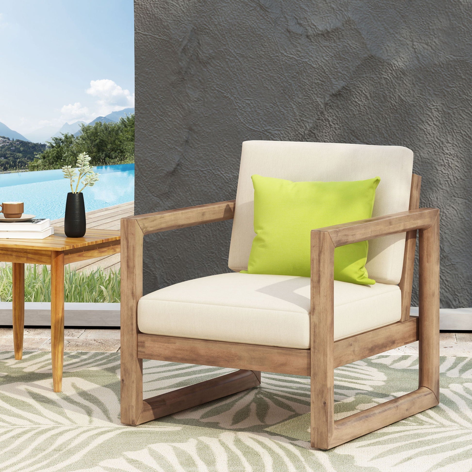 Outdoor Acacia Wood Patio Club Chair with natural wood frame, beige cushion, lime green pillow on Tampa Home & Garden Store