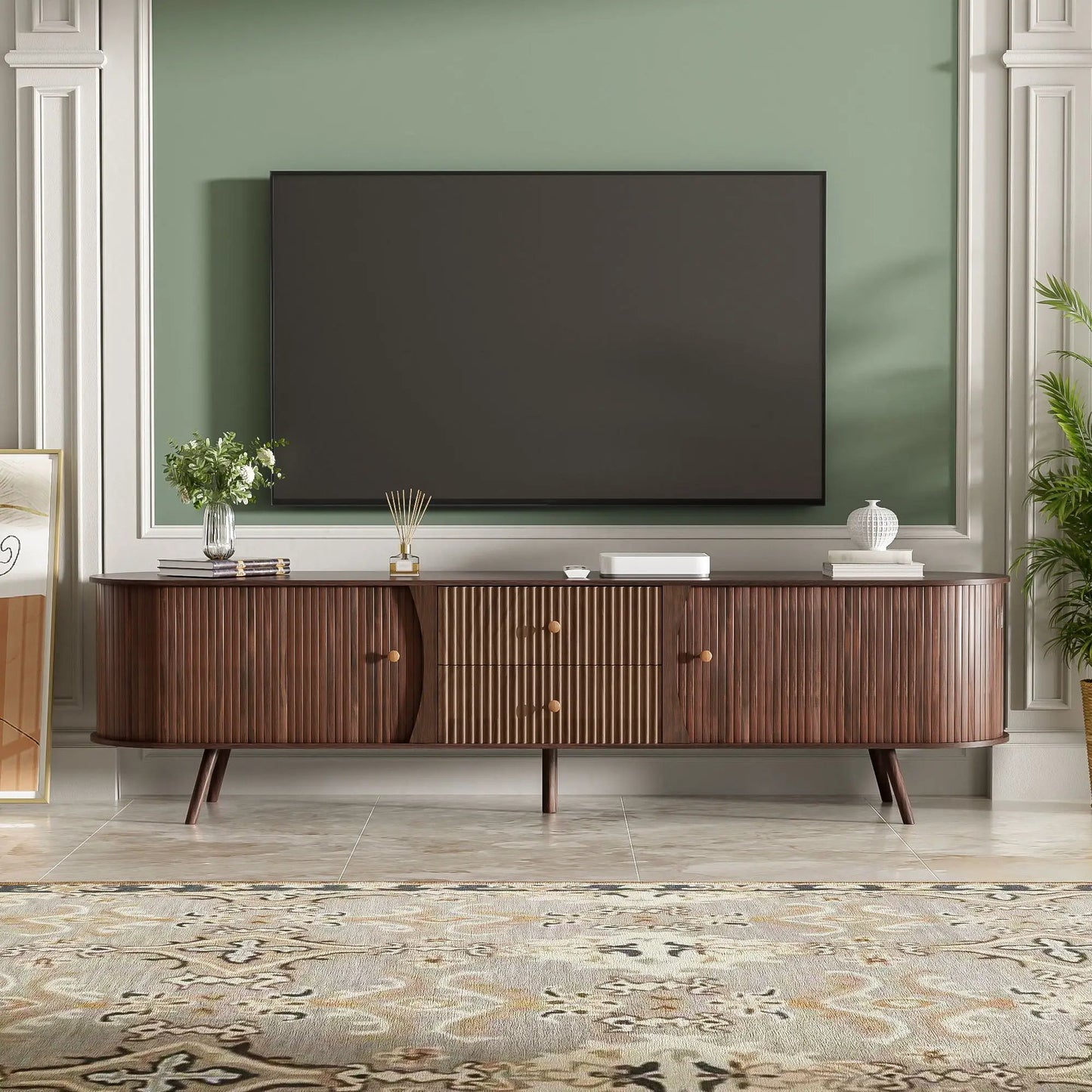 70in TV Stand with tambour doors and fluted drawers in dark brown by Unique Piece Furniture on Tampa Home & Garden Store