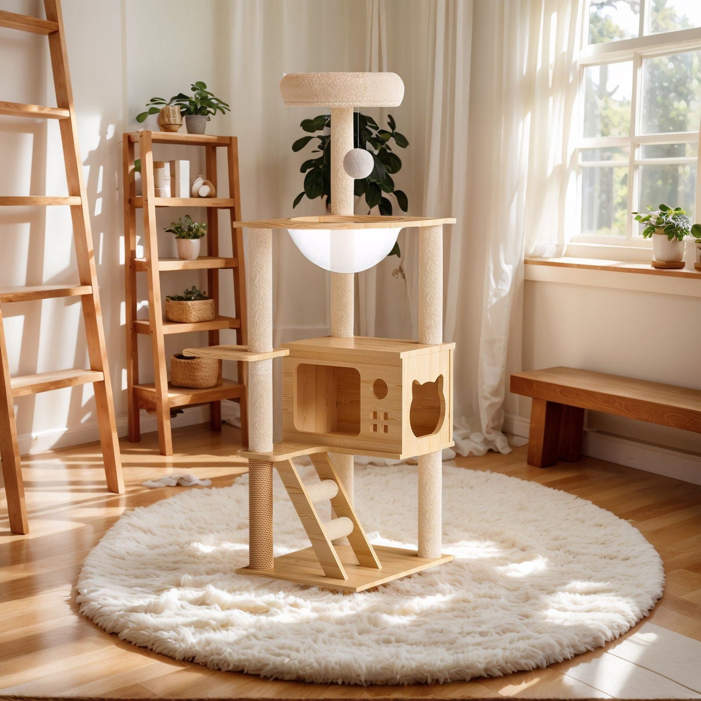 Modern Cat Tower natural wood cat tree with sisal posts and top perch, HouseOfZazla on Tampa Home & Garden Store
