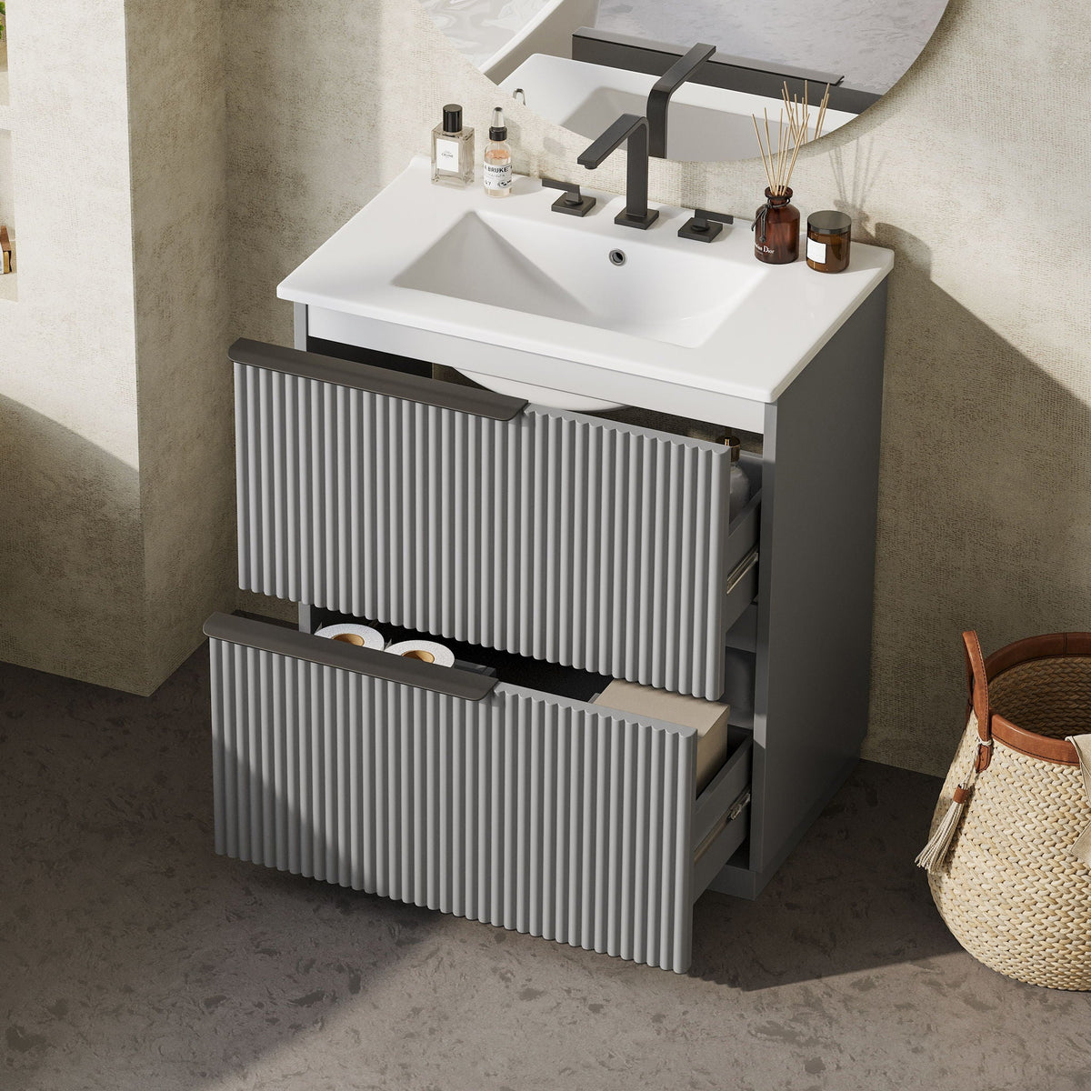 Fluted bathroom vanity with ceramic sink unit in grey and matte black faucet on Tampa Home & Garden Store