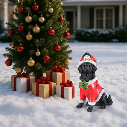 HouseOfZazla Christmas Dog Statue in red Santa outfit beside a tree with red ornaments on Tampa Home & Garden Store