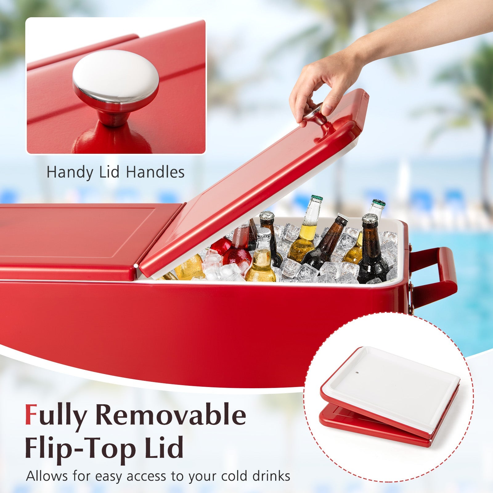 Portable patio cooler by GemGear, red with bottom storage shelf and bottle opener on Tampa Home & Garden Store