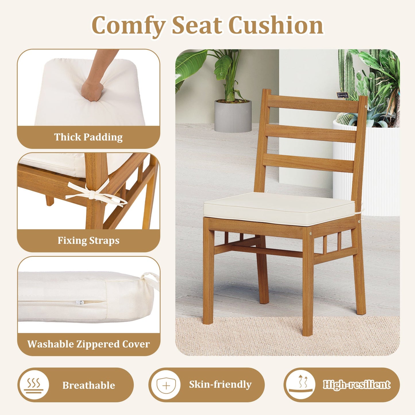 Outdoor Wooden Dining Chair Set of 4 with Padded Seat Cushions-White