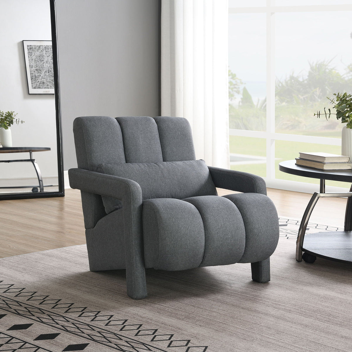 Modern upholstered accent armchairs in dark gray fabric with pillows by HouseOfZazla on Tampa Home & Garden Store