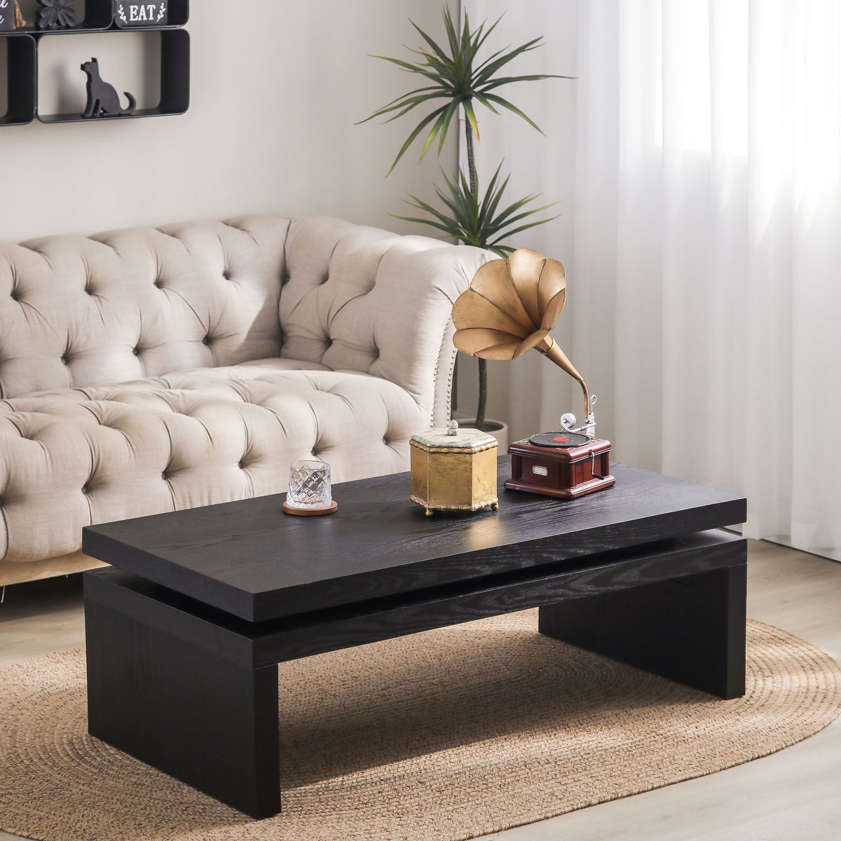 Rectangular coffee table with floating top in black by HouseOfZazla, layered pedestal base on Tampa Home & Garden Store