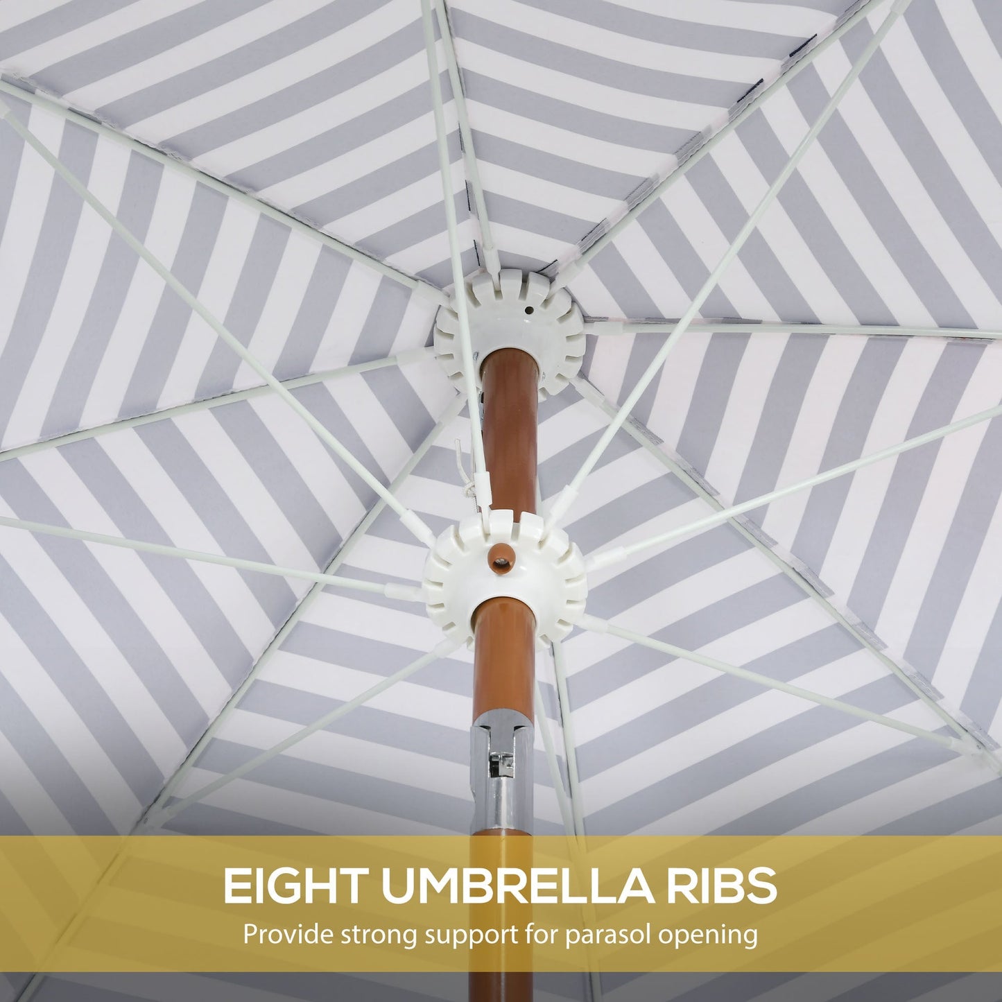 Outsunny 7x7 ft umbrella with tilt and vent, gray/white striped canopy with eight ribs on Tampa Home & Garden Store