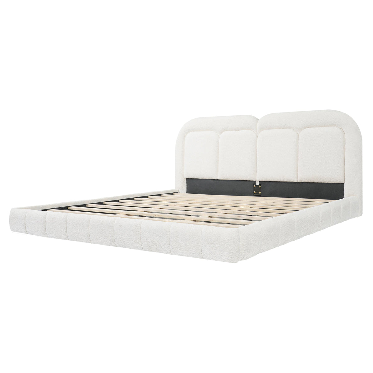 King size boucle upholstered platform bed with tufted white headboard and slatted base on Tampa Home & Garden Store