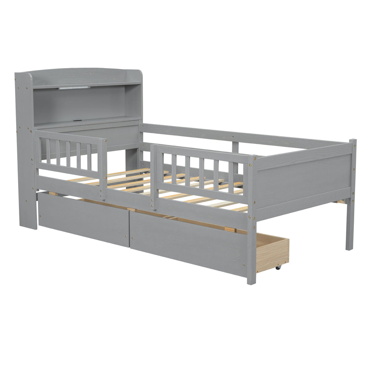 Platform bed with LED light in gray, guardrail, headboard and 2 drawers on Tampa Home & Garden Store