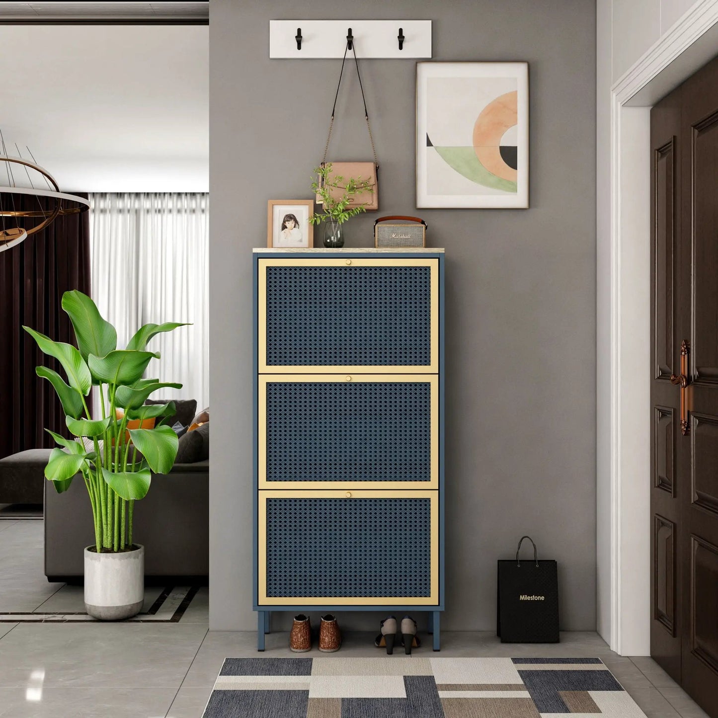 Rattan 3 Door Shoe Rack Cabinet for Entryway