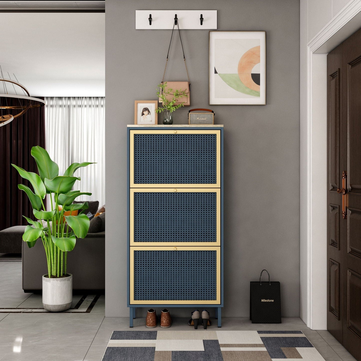Modern Rattan 3 door Shoe Rack Cabinet in blue with gold trim entryway organizer HouseOfZazla on Tampa Home & Garden Store