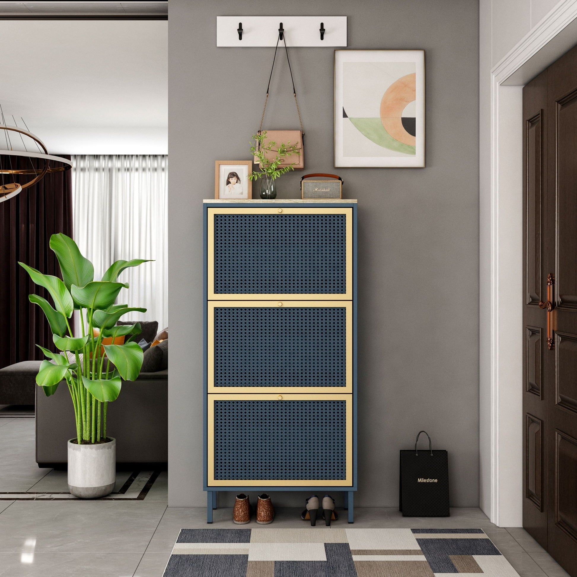 Modern Rattan 3 door Shoe Rack Cabinet in blue with gold trim entryway organizer HouseOfZazla on Tampa Home & Garden Store